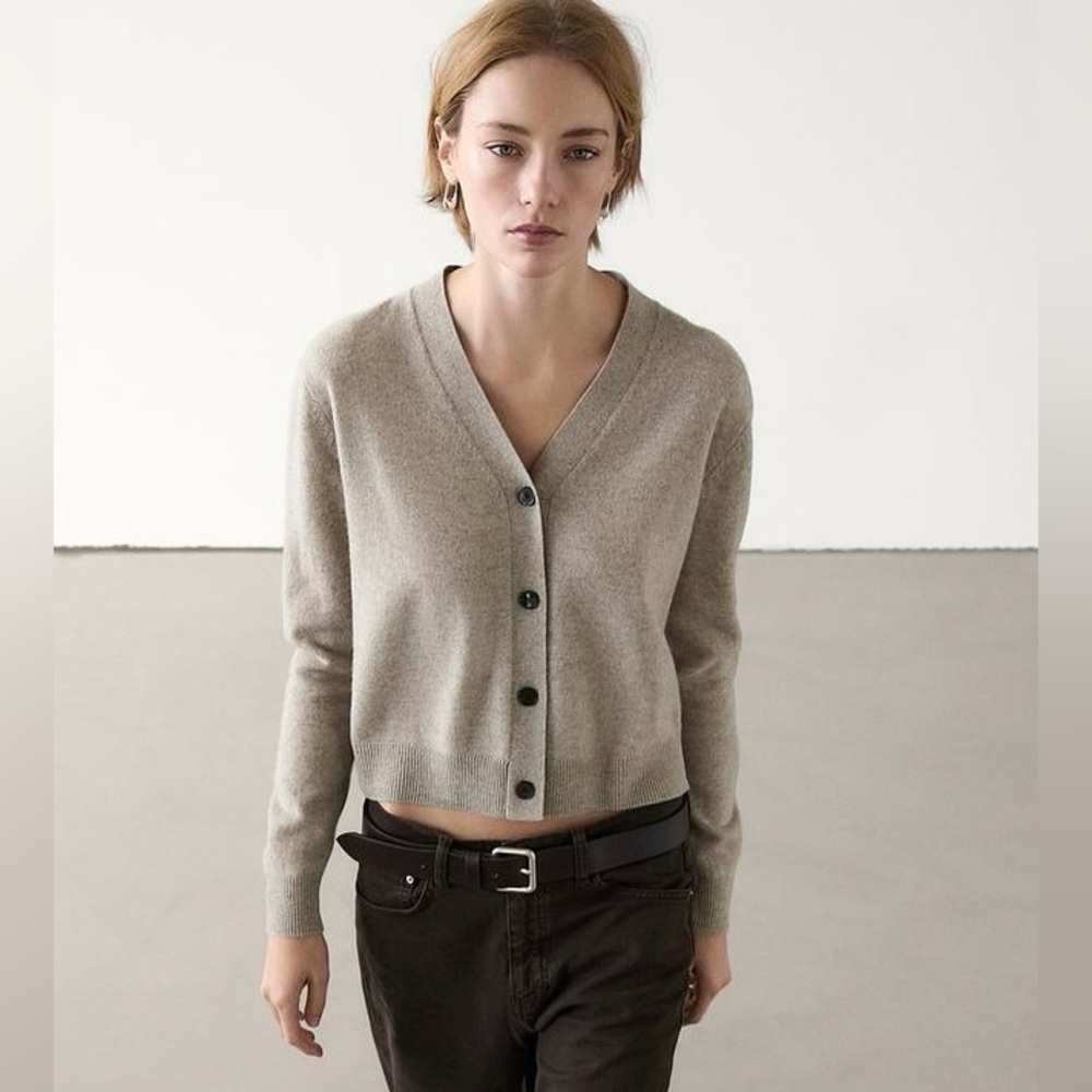 Massimo Dutti Wool and Cashmere Cropped V-Neck Cardigan in Mole Brown